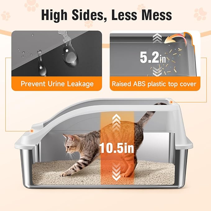 2PACK Bandejas de Gato de Acero Inoxidable, XL, con Tapa y Alto, Sin Olor, Incluye Pala, Fácil Limpieza, Antirayaduras, Sin Fugas, Color Gris Claro miniatura 5