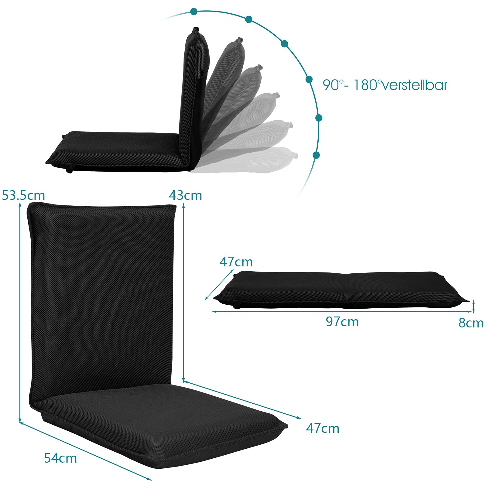 LIFEZEAL Chaise de Sol avec Dossier Réglable en 6 Angles, Siège de Sol Rembourrée avec Surface en Maille, 47 x 54 x 53,5 cm, pour Méditation, Yoga et Camping (Noir)