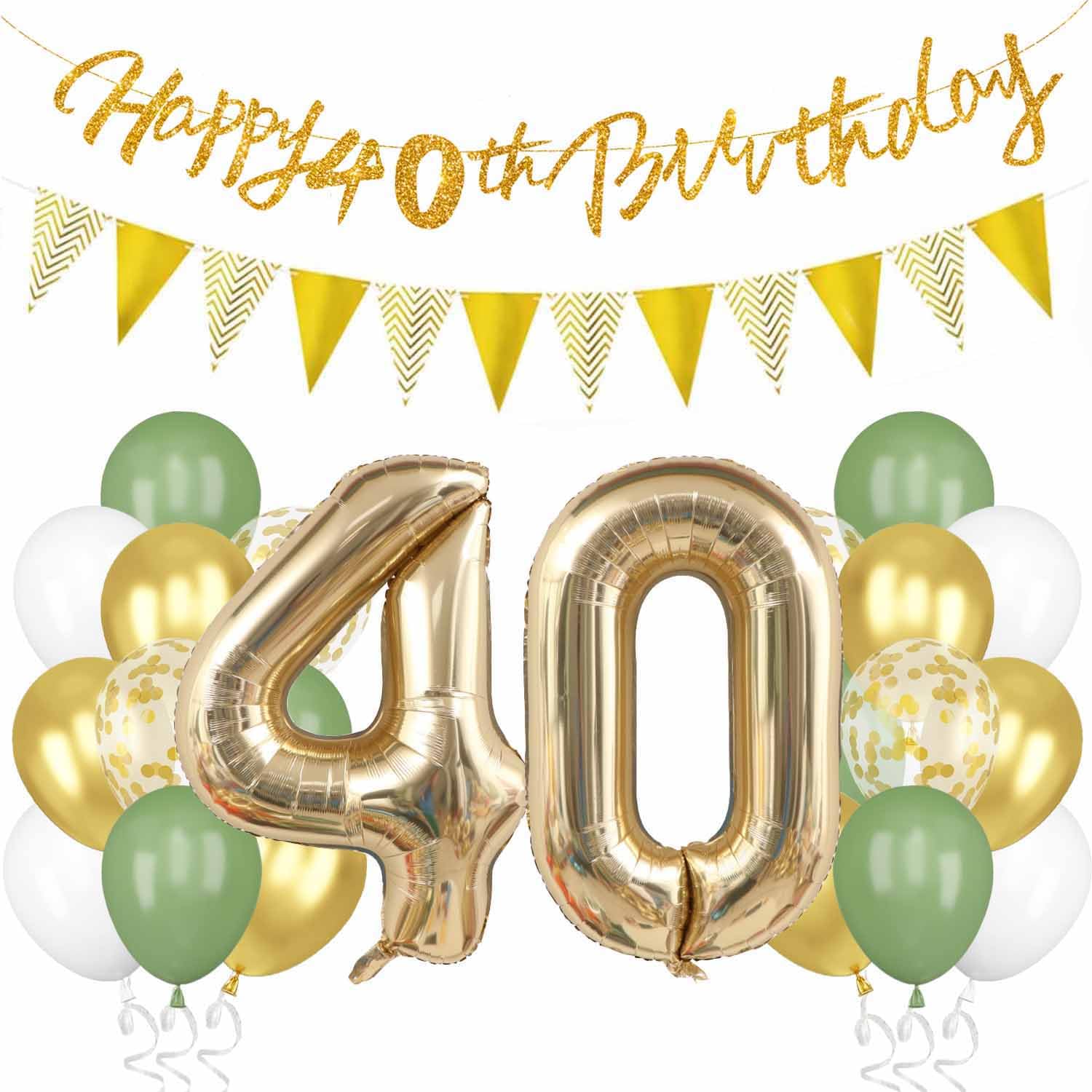 Deko 40. Geburtstag, Salbeigrüne 40 Geburtstag Deko Grün Weiß Gold Luftballons mit mit Banner Flaggen Zahl 40 Folienballon für Frauen und Männer 40 Jahre Geburtstagsdeko