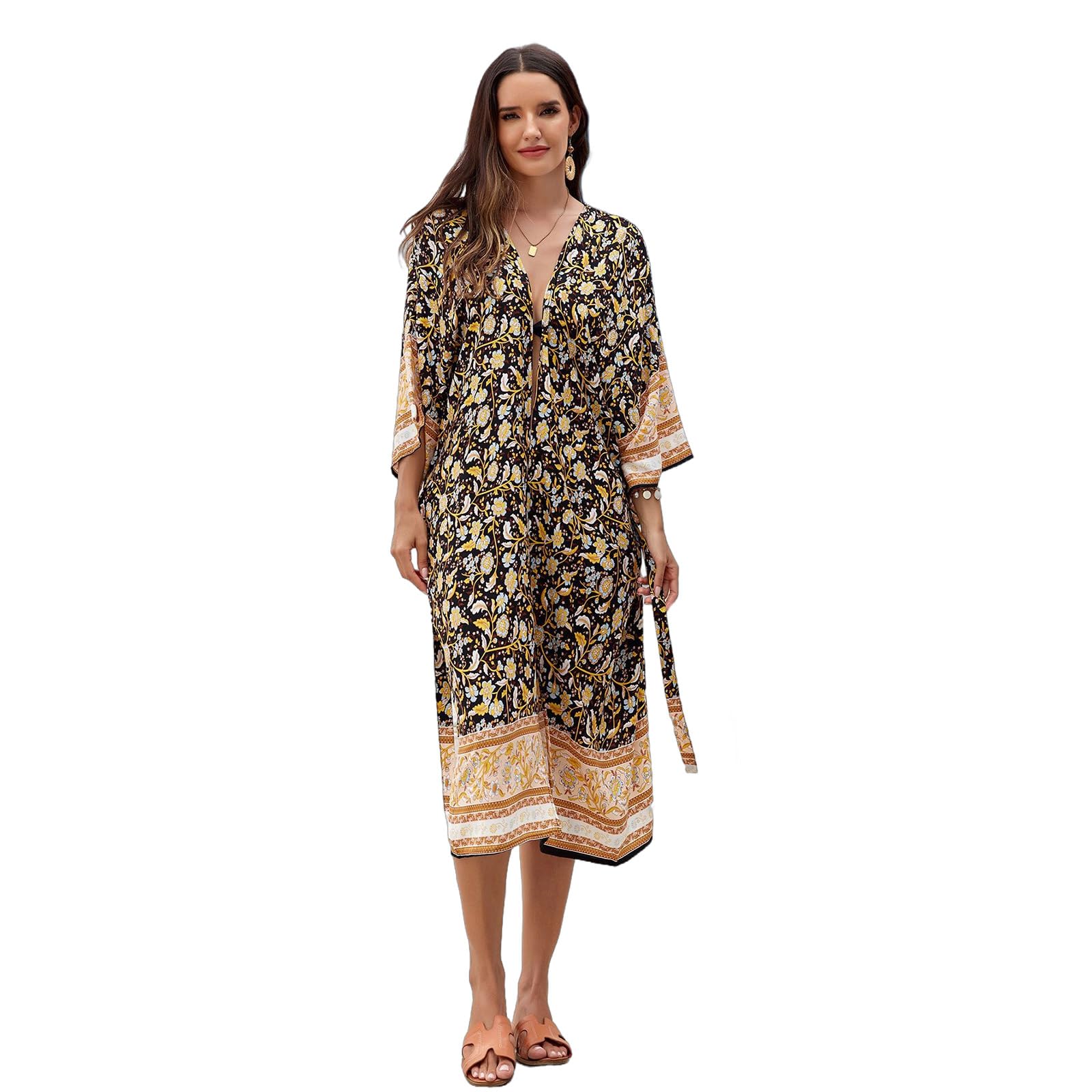 Cárdigan tipo kimono para mujer, con parte delantera abierta, para playa, vacaciones, traje de baño con protección solar, vestido de chal con cinturón