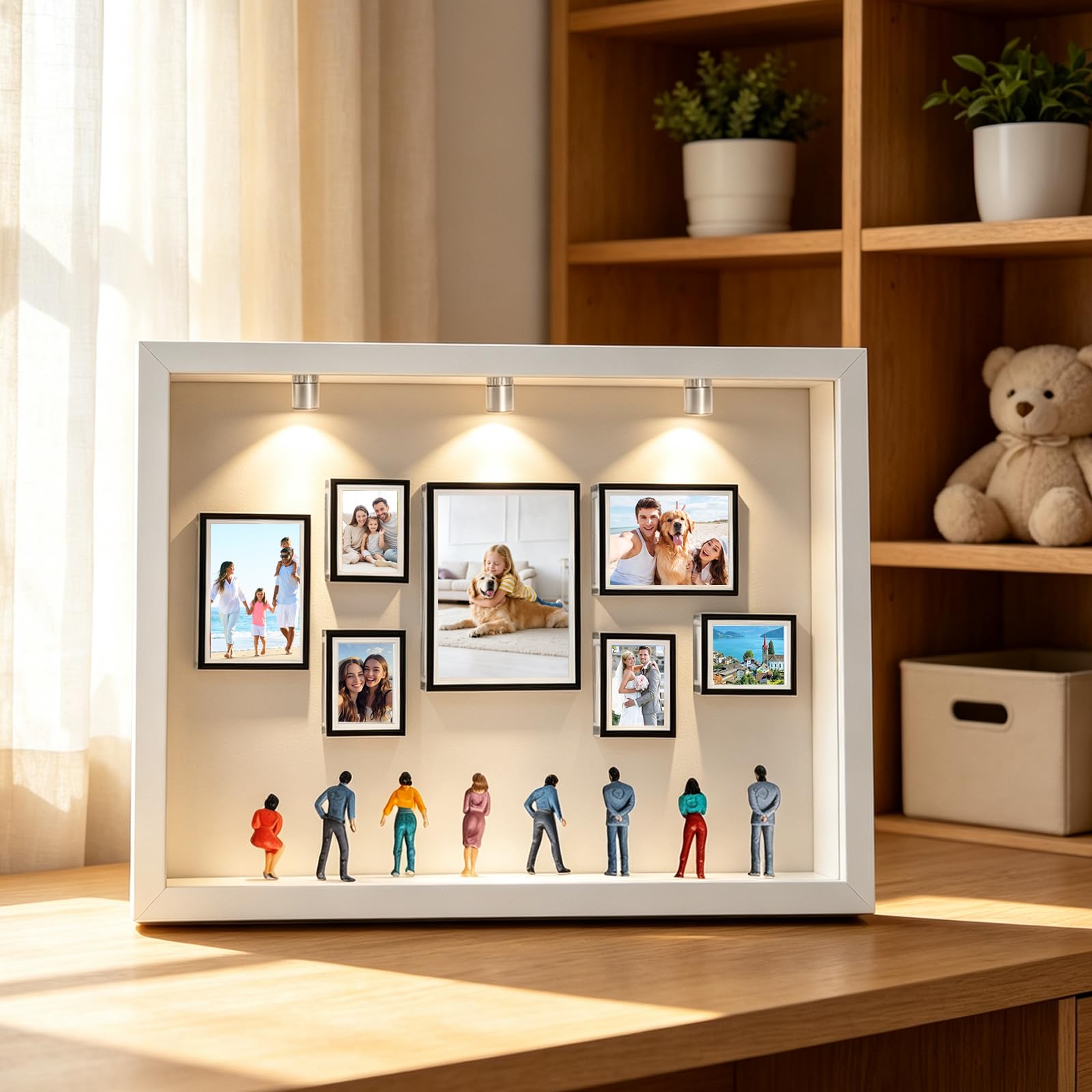 Mini muzeum "zrób to sam", miniaturowe figurki 3D, muzeum, ramka na zdjęcia z 7 mini ramkami, 8 miniaturowych osób, 3 diody LED, drewniana rama biała, na urodziny, rocznicę, zakończenie szkoły