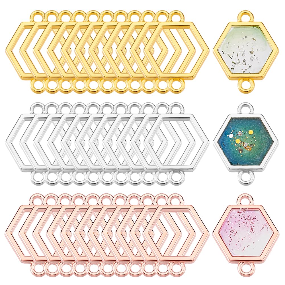 PH PandaHall 180pcs Hexago Open Bezel Connector Charms, 3 Colours Hollow Frame Pendants Open Back Bezel Charms for DIY UV Resin Resin Earring Bracelet Necklace Jewellery, 21x16mm