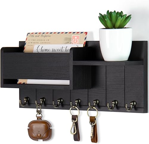 Miniatura 10 de Soporte para llaves de pared, organizador decorativo para llaves y correo con 6 ganchos para llaves, colgador de llaves de madera con estante para
