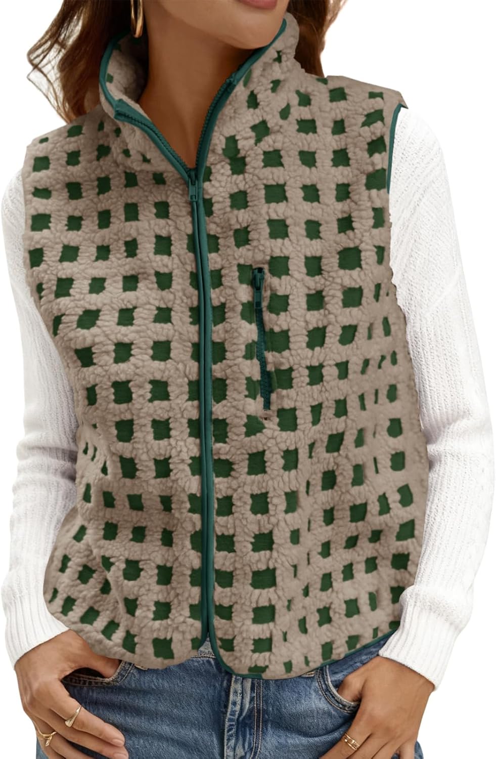 Tankaneo Womens Checkered Sherpa Vest Fleece Fuzzy Zip Up Sleeveless Jacket Casual 2025 Winter Warm Outwear