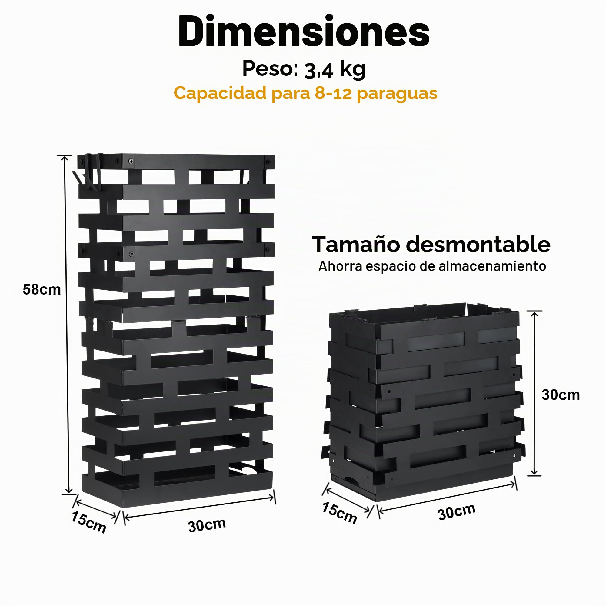 Alyoen Paragüero de metal, 30 x 15 x 58 cm, gran paragüero con gancho y bandeja extraíble para recoger el agua, soporte para el hogar, oficina y hotel, color negro
