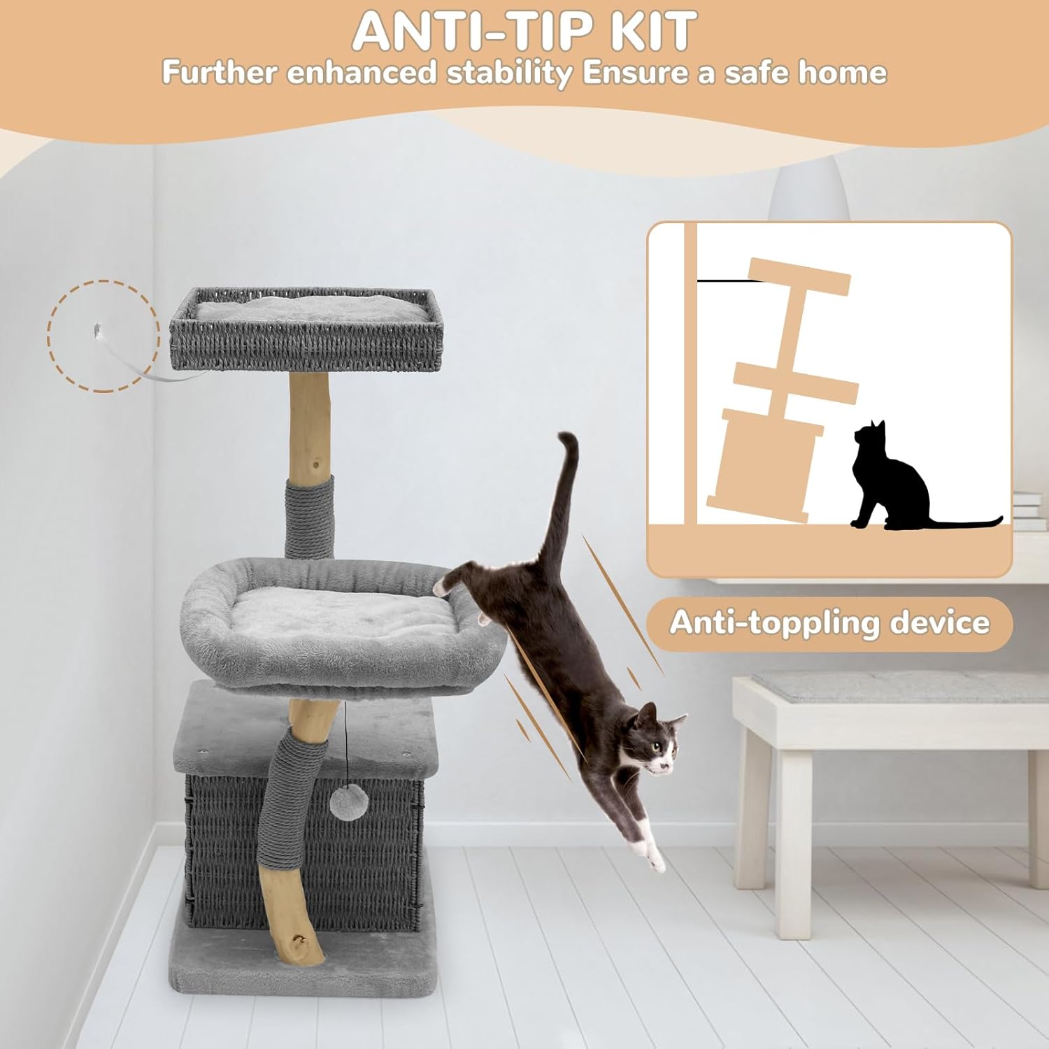Modern Cat Tree for Indoor Cats - Multi-Level Wooden Tower with Scratching Posts, Large Jumping Platforms, Hanging Toy - Modern Luxury Cat Furniture for Indoor Cats-Grey
