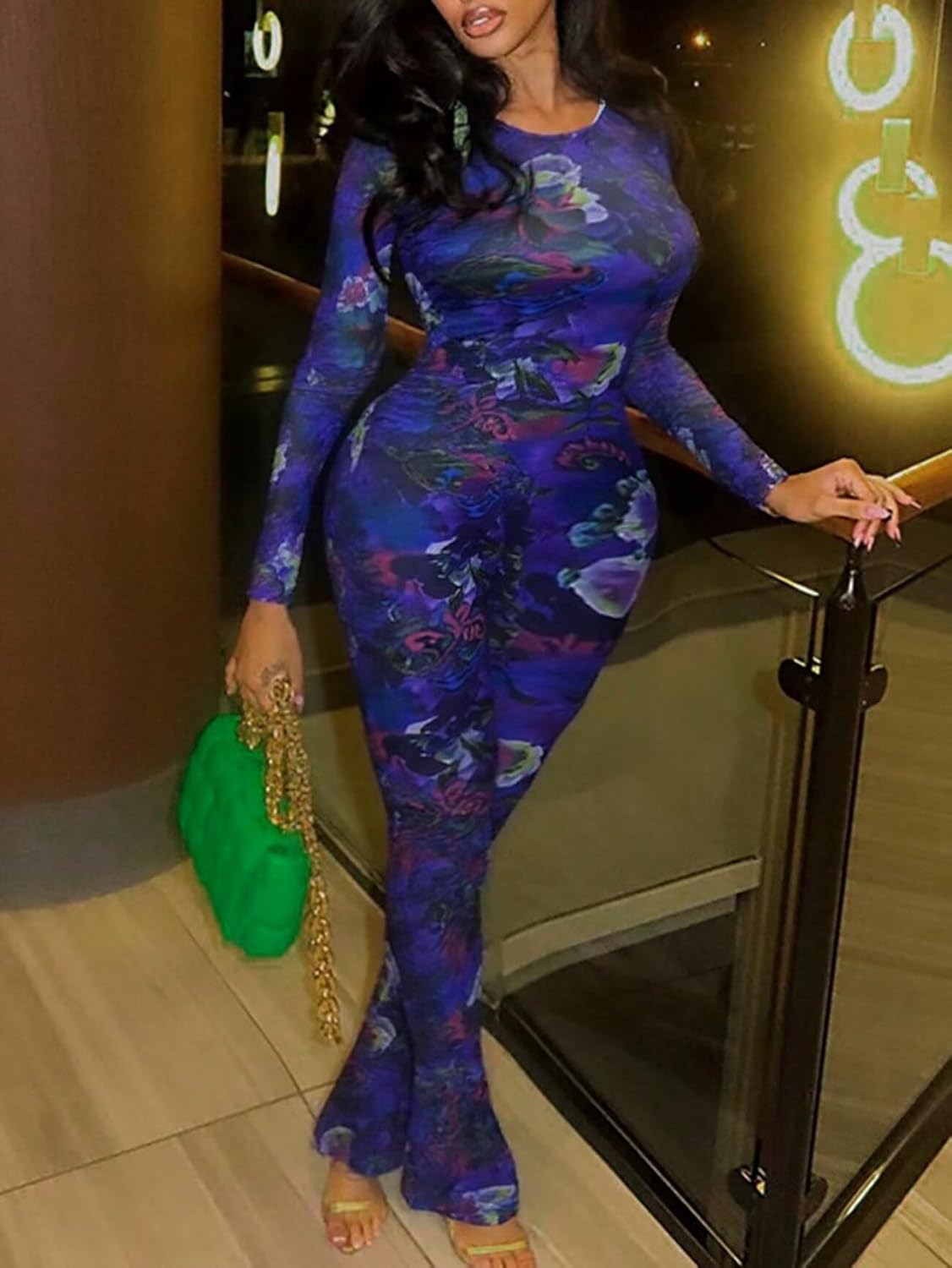 Uni Clau Women’s Sexy 2 Piece Set Floral Print See Through Mesh Long Sleeve Crew Neck Tops and Long Pants Sets Matching Set - Image 4