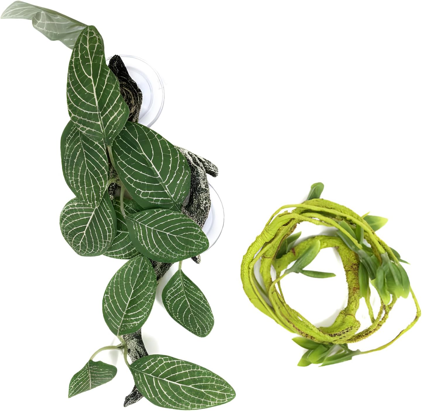 Reptile Climbing Vine 2-Pack – Resin Driftwood with Suction Cups & Bendy Ivy (Medium-Large 10") for Terrariums, Geckos, Lizards, Snakes, and Reptile Habitats (Vein Leaf)