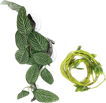 Reptile Climbing Vine 2-Pack Resin Driftwood with Suction Cups & Bendy Ivy Medium-Large 10" for Terrariums, Geckos, Lizards, Snakes, and Reptile Habitats Vein Leaf