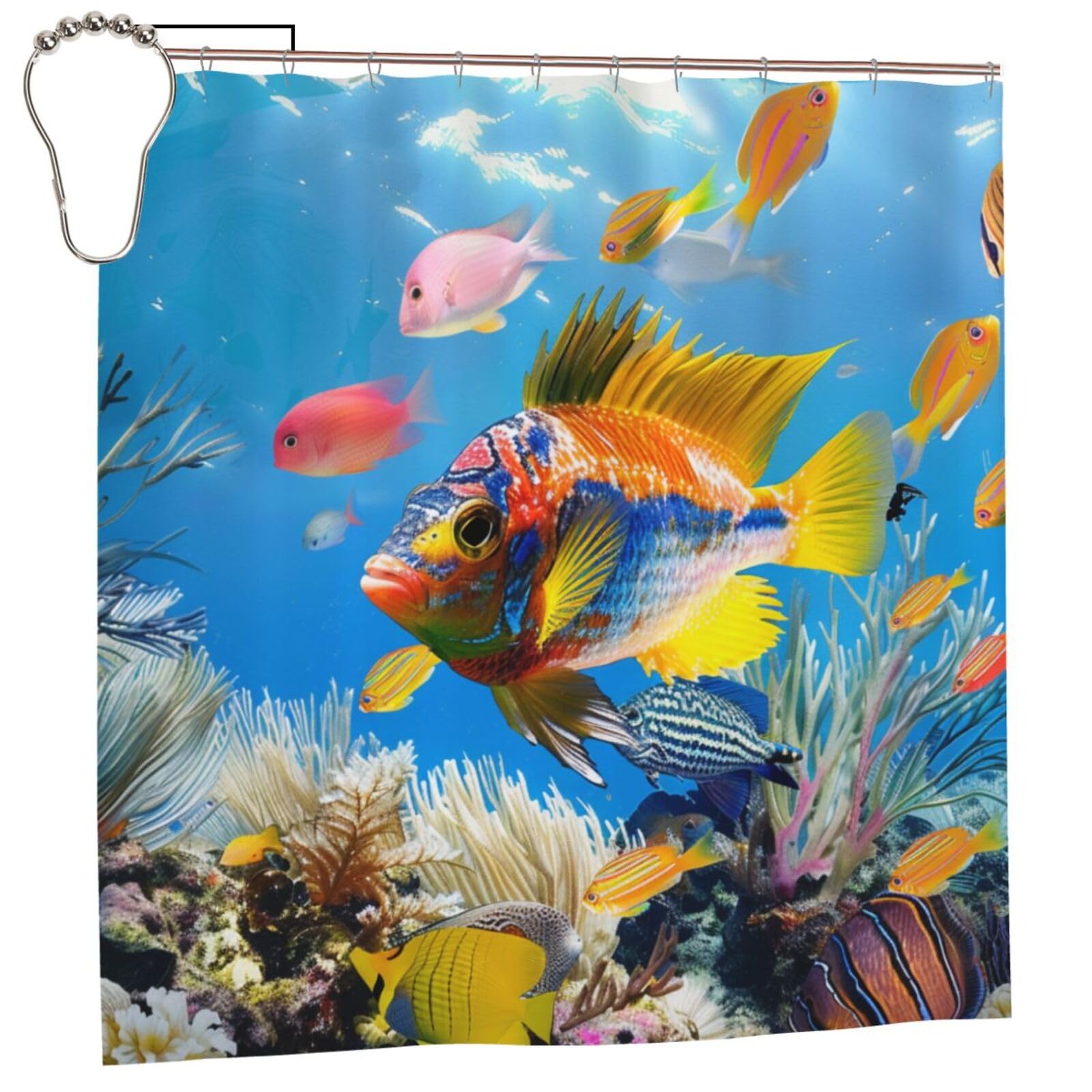 BWWHCCTI Colorful Fish Printed Shower Curtain With 12 Iron Hooks Opaque Quick Drying Waterproof Shower Curtains Sets For Bathroom 183x183 CM
