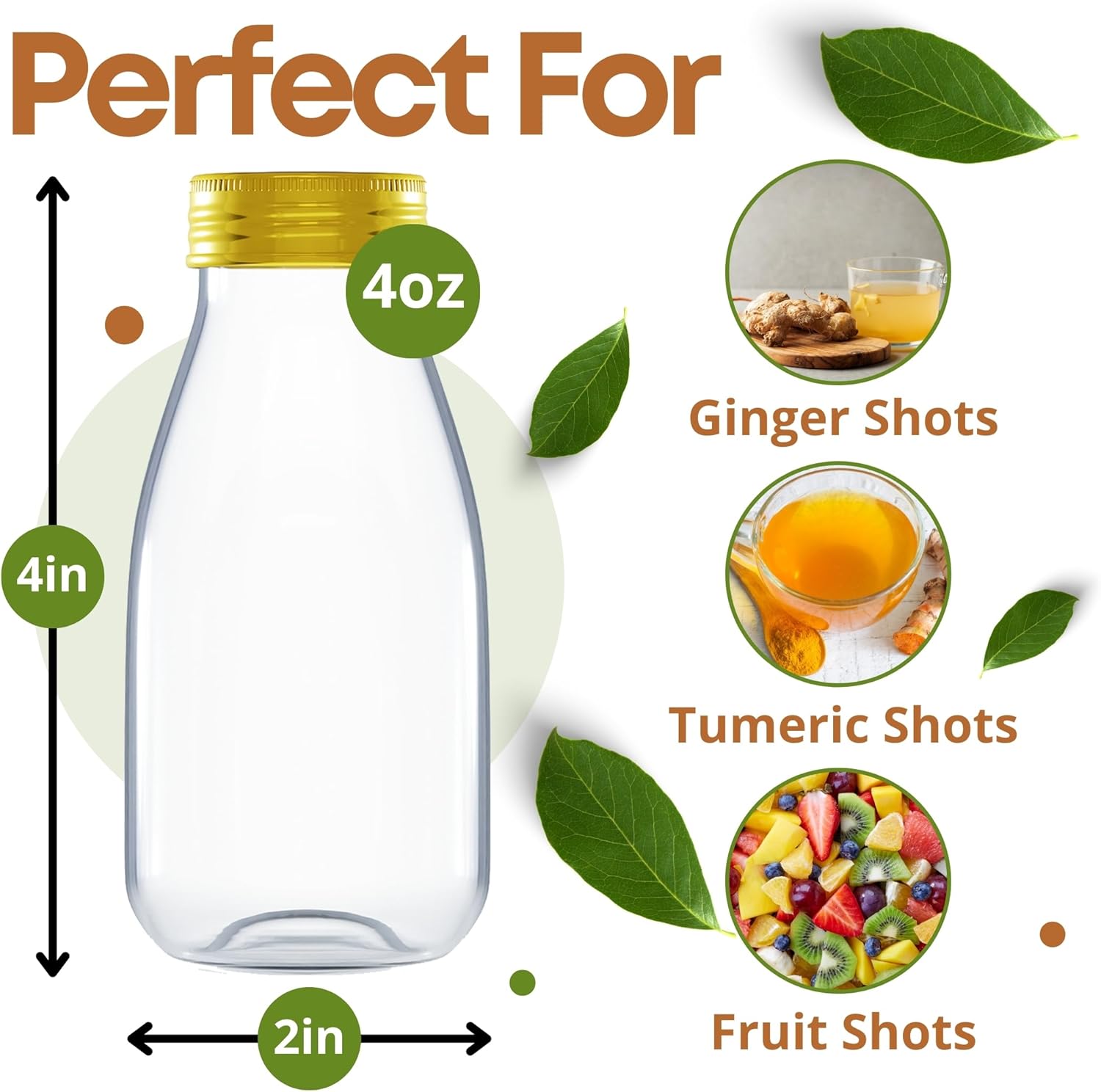 48 Pack 4oz Small Plastic Bottles for Liquids – BPA-Free Mini Ginger Shot Bottles with Aluminum Lids, Leak-Proof & Freezer Safe – Perfect for Wellness Juices, Lemonade, and Liquid Storage