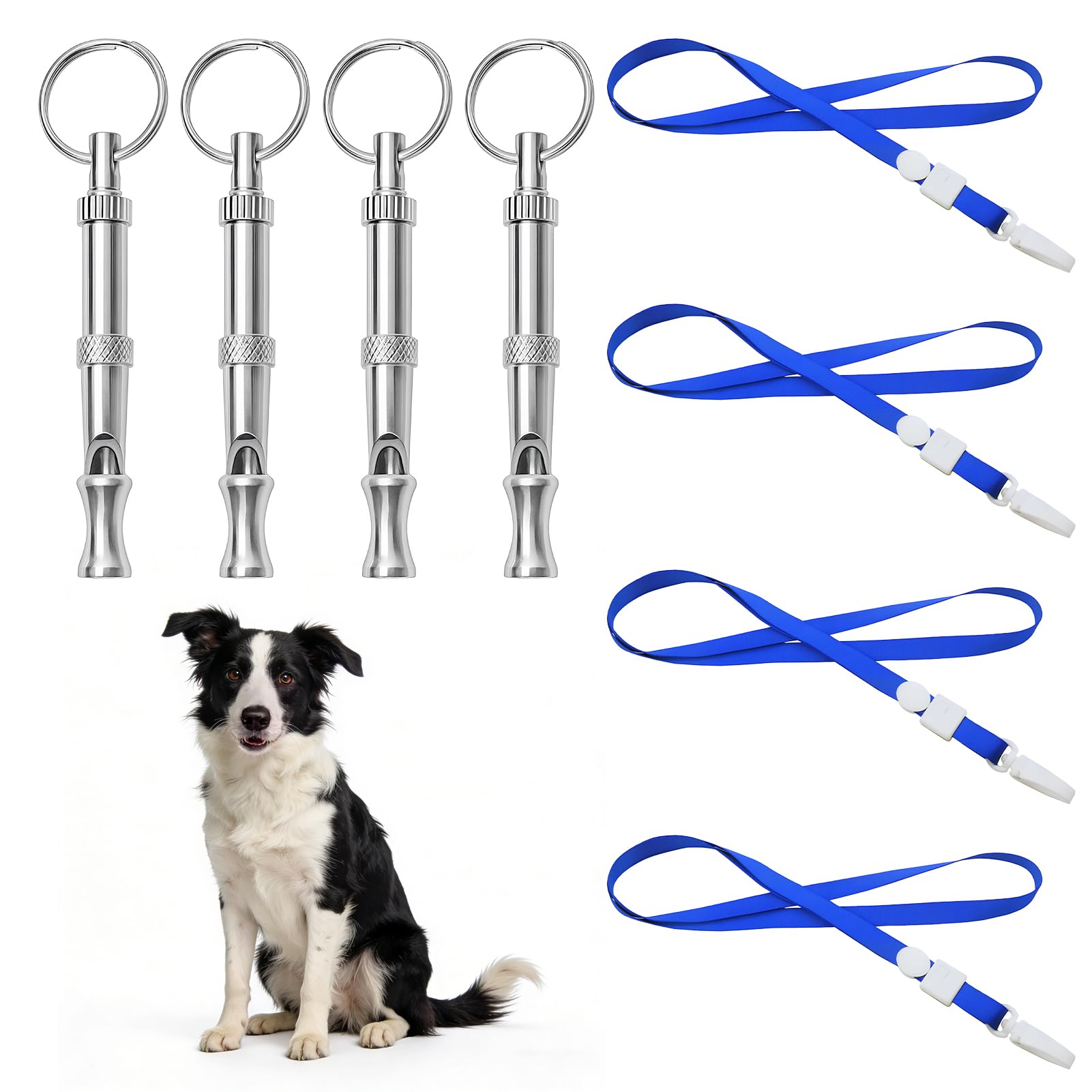 QLK 4 PCS Sifflet Ultrason Chien, Sifflet Chien Rappel à Fréquence Réglable, Accessoires de Chien Dressage à Haute Fréquence, Anti Aboiement Chien Ultrason avec Lanière