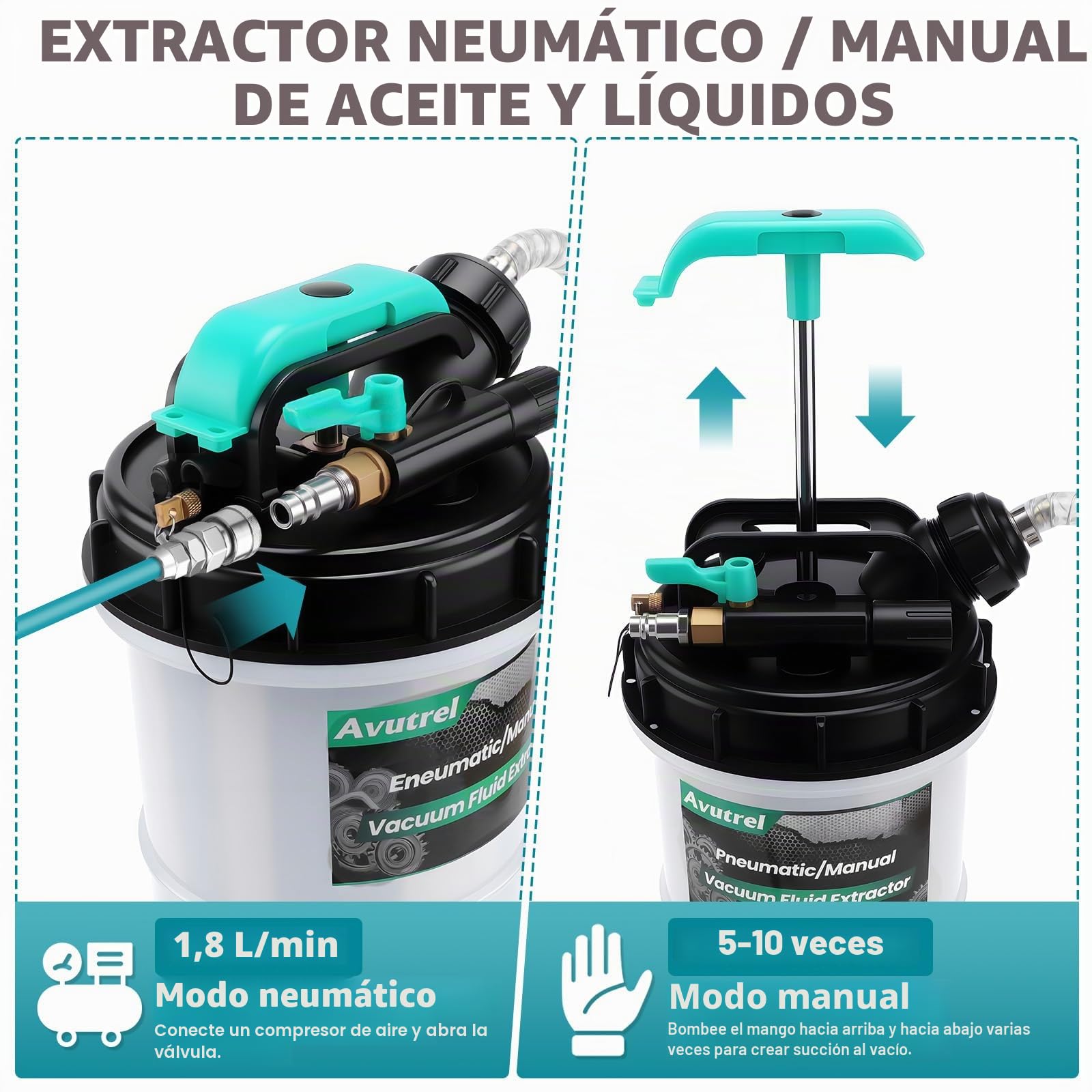 5,3L Manual y Neumática Bomba Succión de Aceite | Bomba Extractora de Fluidos Líquido de Transmisión con 6 Mangueras y Válvula de Seguridad, Bomba de Cambio de Aceite de Motor