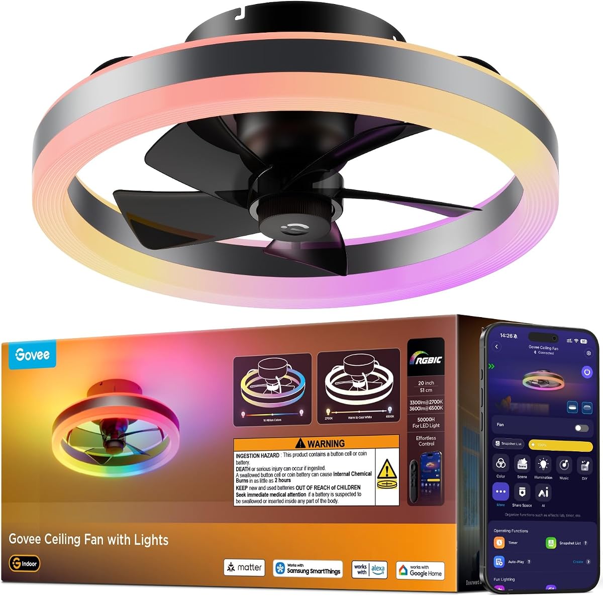Ceiling Fan with Lights, 20'' RGBIC Oscillating Flush Mount Fans | Ceiling Fans with Lights and Remote, 12 Speeds Reversible DC Motor, 3100lm, Low Profile Ceiling Fan for Bedroom, Living Room
