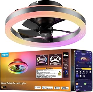 Govee Ceiling Fan with Lights, 20'' RGBIC Oscillating Flush Mount Bladeless Ceiling Fans with Lights and Remote, 12 Speeds Reversible DC Motor, 3100lm, Low Profile Ceiling Fan for Bedroom, Living Room