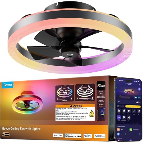 Govee Ceiling Fan with Lights, 20'' RGBIC Oscillating Flush Mount Fans | Ceiling Fans with Lights and Remote, 12 Speeds Reversible DC Motor, 3100lm, Low Profile Ceiling Fan for Bedroom, Living Room