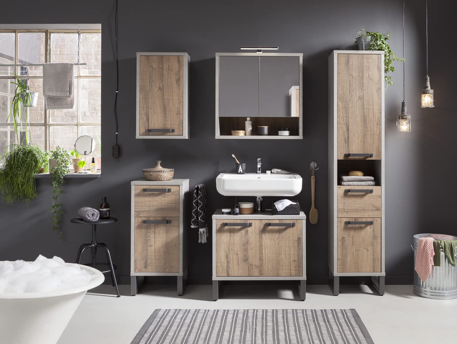 Composad | Sottolavabo della Linea LAFABRICA con 2 Ante, Mobile Sottolavabo, Mobile bagno, Sottolavello, (LxAxP) 69,90x62,80x45 cm, Colore Rovere e Cemento, Made in Italy