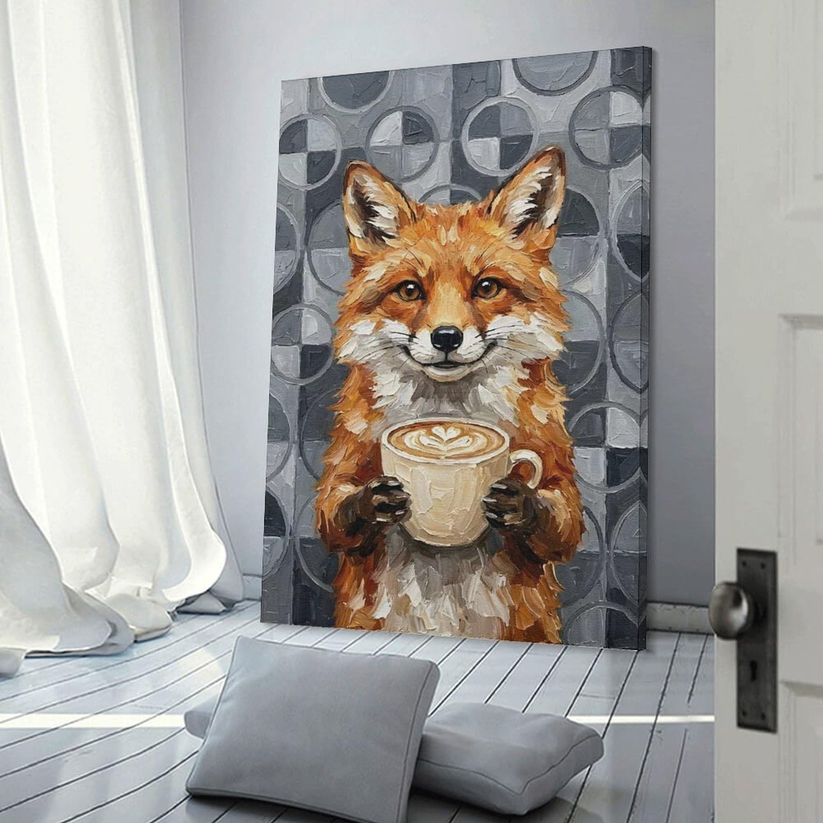 Junmoney Frame-Style-23-1 Canvas Wall Picture Cute Fox With Coffee Painting, 24X36inch(60X90cm), For Home Lounge, Bedroom Or Reading Nook, A Home Accent With Warm Character