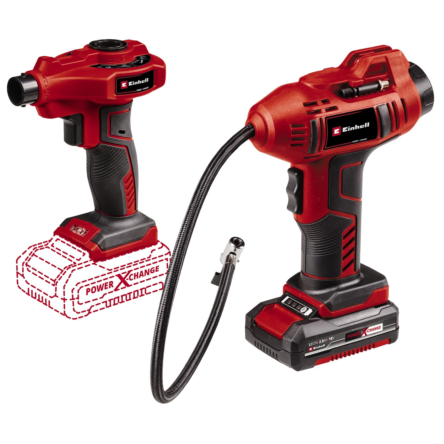 Einhell Compresor de Coche con Batería CE-CC 18 Li + Set de Bomba de Aire CE-AP 18 Li Power X-Change (18 V, incl. Accesorios, 1 Batería 2,0 Ah y Cargador)