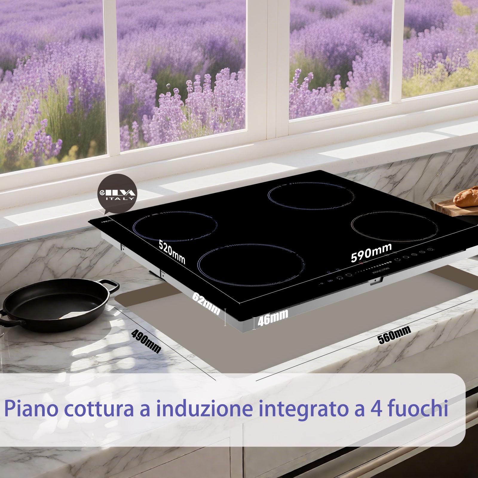 Płyta indukcyjna z 4 palnikami, 59 cm, 7400 W, płyta indukcyjna STARCHARTS z funkcją Boost, bezpieczeństwo dzieci, suwak dotykowy, pauza, timer, szkło Italy ILVA
