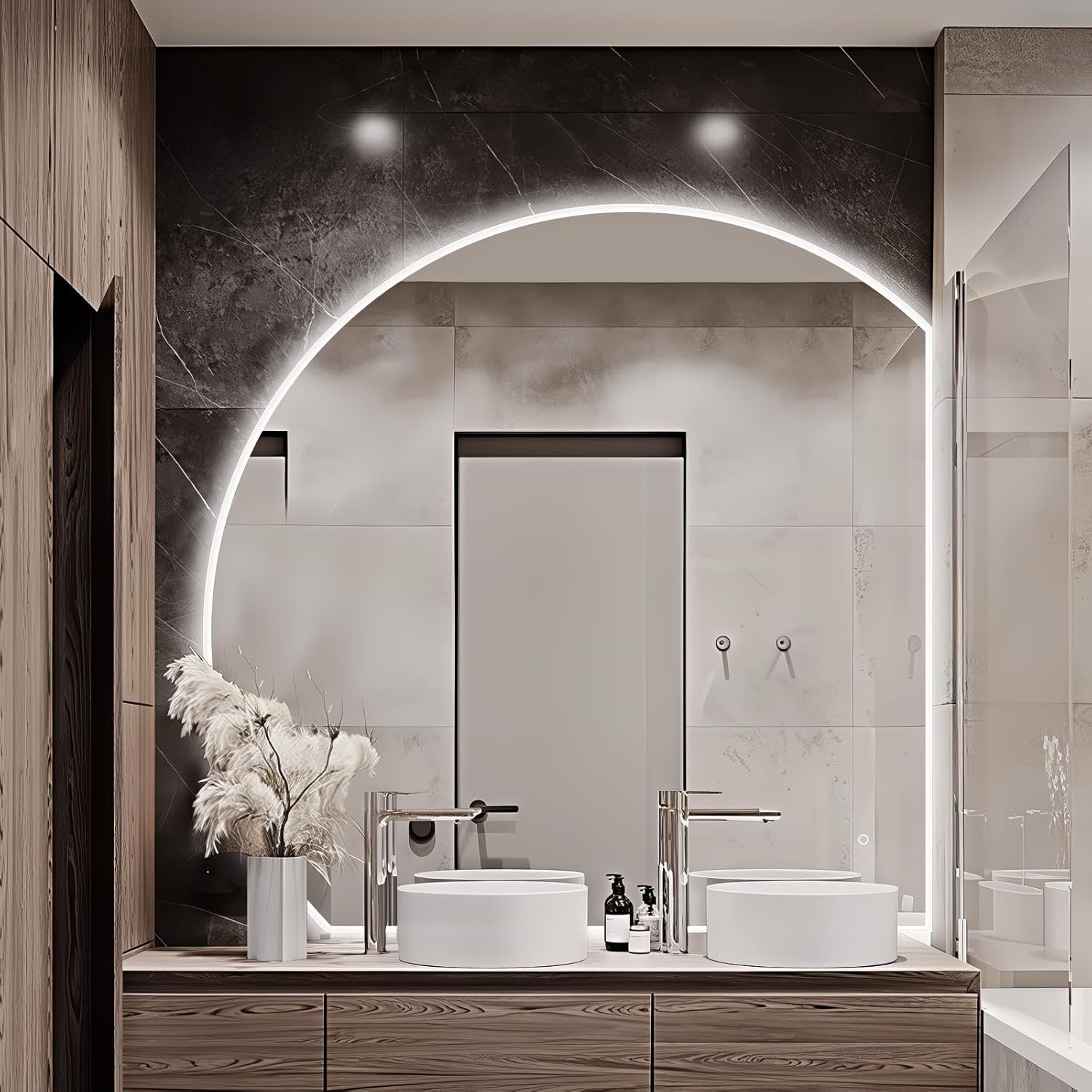 Niccy Half Moon LED Mirror for Bathroom, 28" Backlit + Front Lit Lighted Semi Round Makeup Mirrors for Wall, Anti-Fog, Dimmable 3-Colors, Memory Function, Shatterproof Smart Vanity Mirror