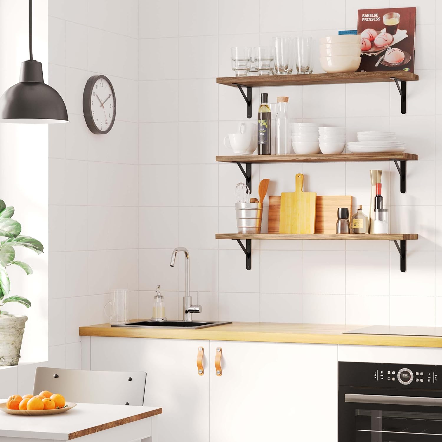 Wallniture Forme 36 inch Long x10 in Deep Rustic Floating Shelves for Wall Storage, Wall Bookshelf Living Room, Kitchen, Pantry Shelf Wood Set of 3, Burnt