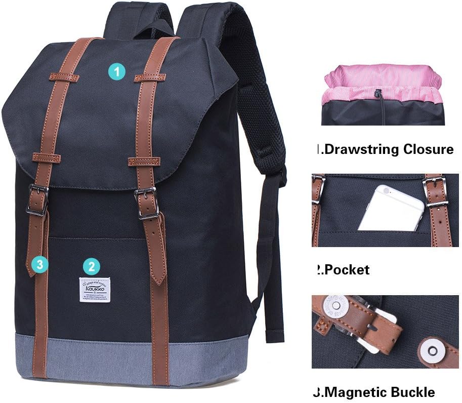 KAUKKO Lightweight Outdoor Backpack, Travel Casual Rucksack Laptop Daypack for 15"(6-2-BLACK)