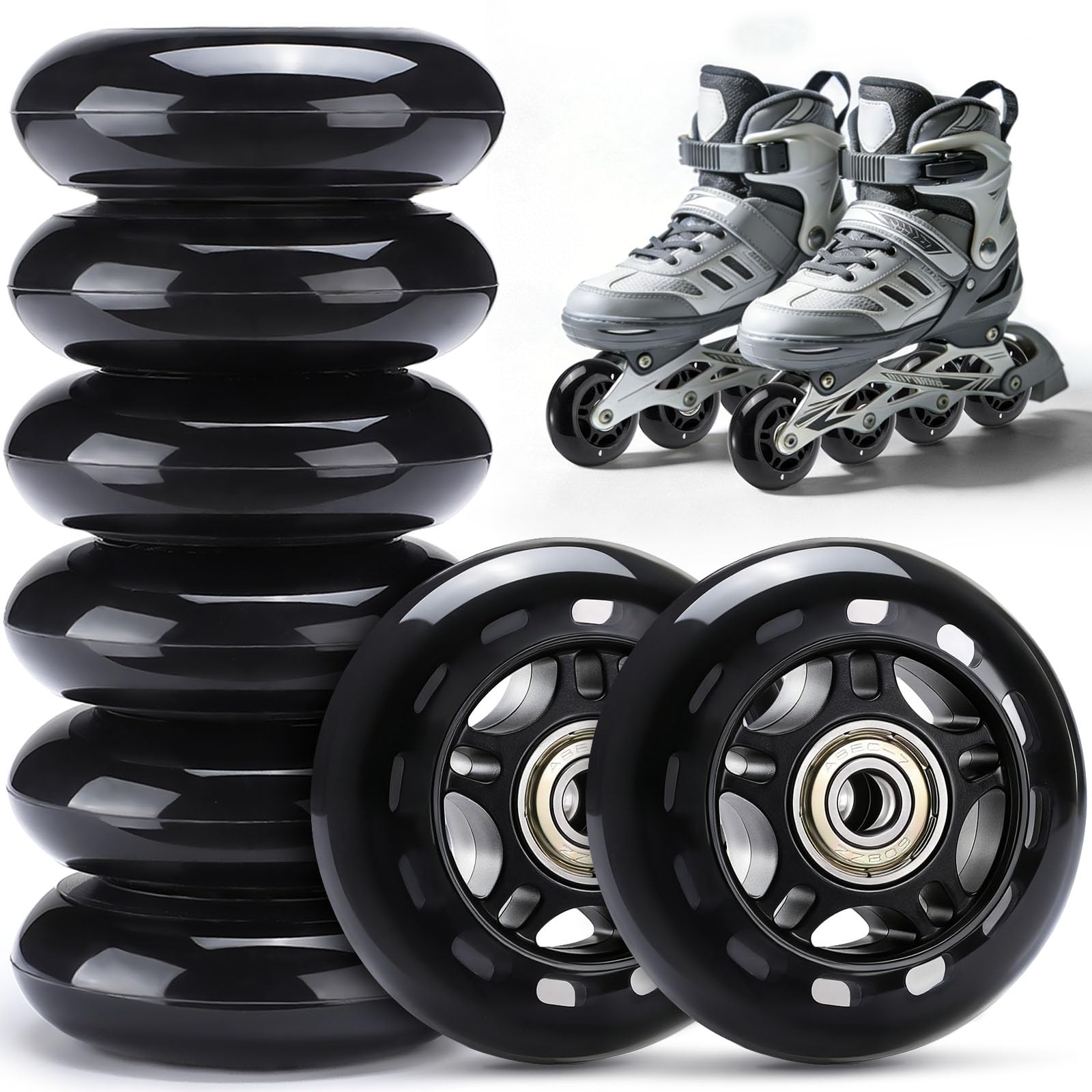 TOBWOLF 8er-Pack 70 mm 82A Inline-Skate-Räder mit ABEC-7-Lagern, Rollschuh-Ersatzräder für Mädchen und Jungen – Schwarz