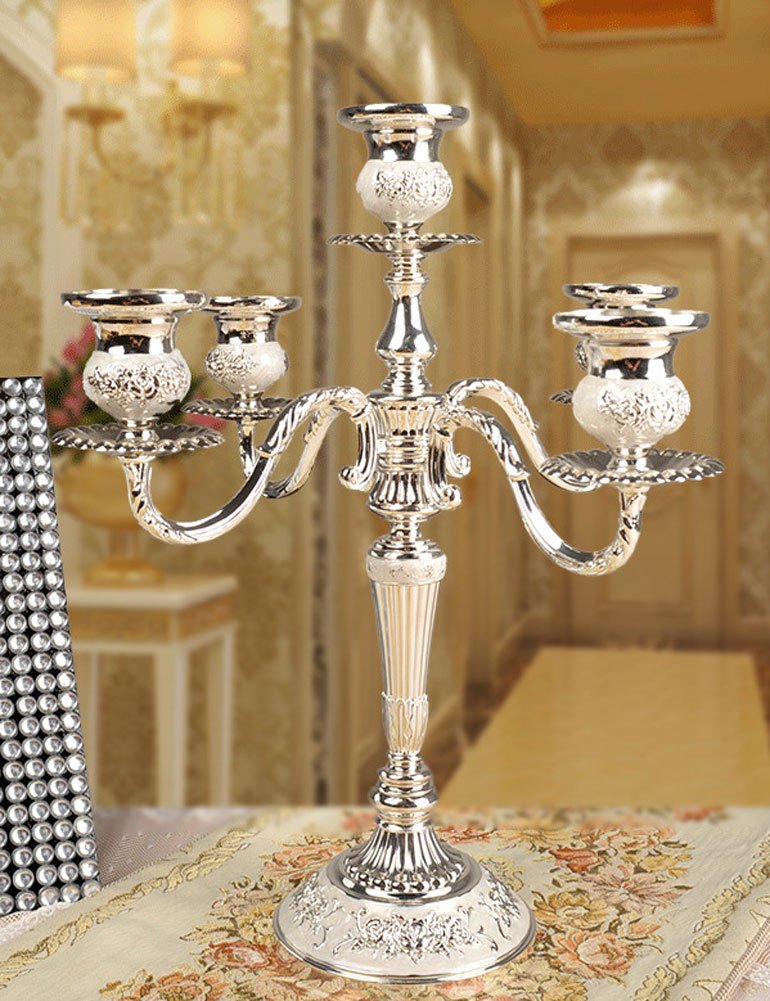 Candelabro in stile europeo classico, bellissimo candelabro in metallo a 5 bracci, colore: argento