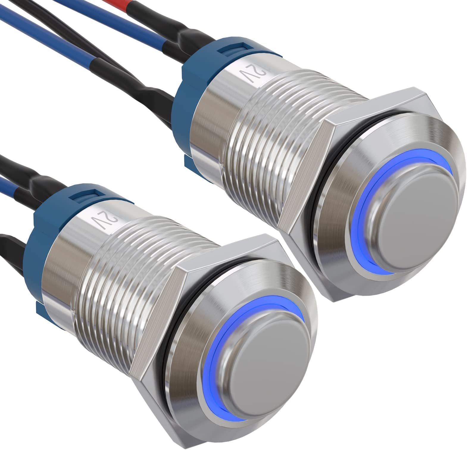 APIELE (Pcs of 2) 12mm Latching Push Button Switch High Round Head Stainless Steel 1 Normally Open with Ring Led (Blue)