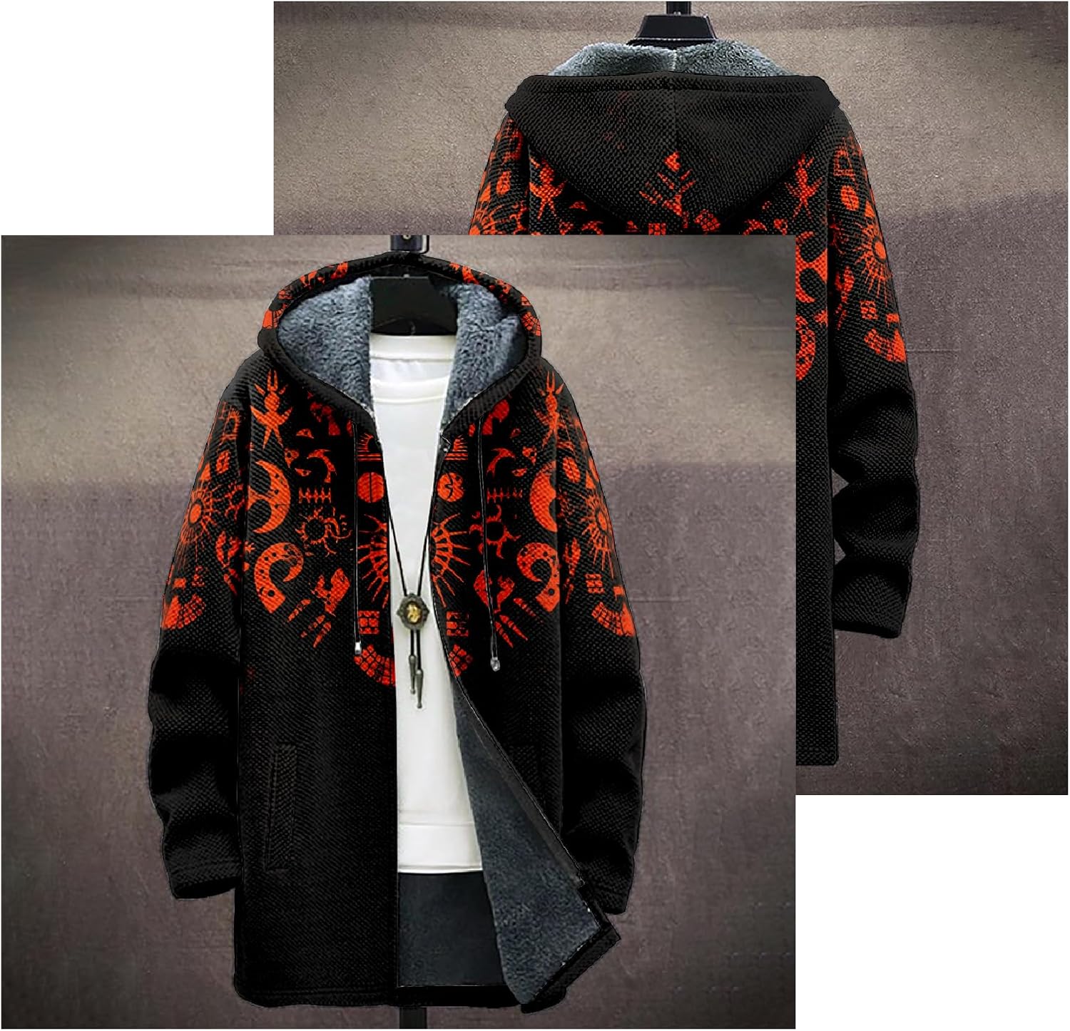MARSVOVO Aztec Hoodie Cardigan Men Heavyweight Cotton Fleece Jacket Zip Up Warm Long Sleeve Hooded Winter Midi Coat - Image 5