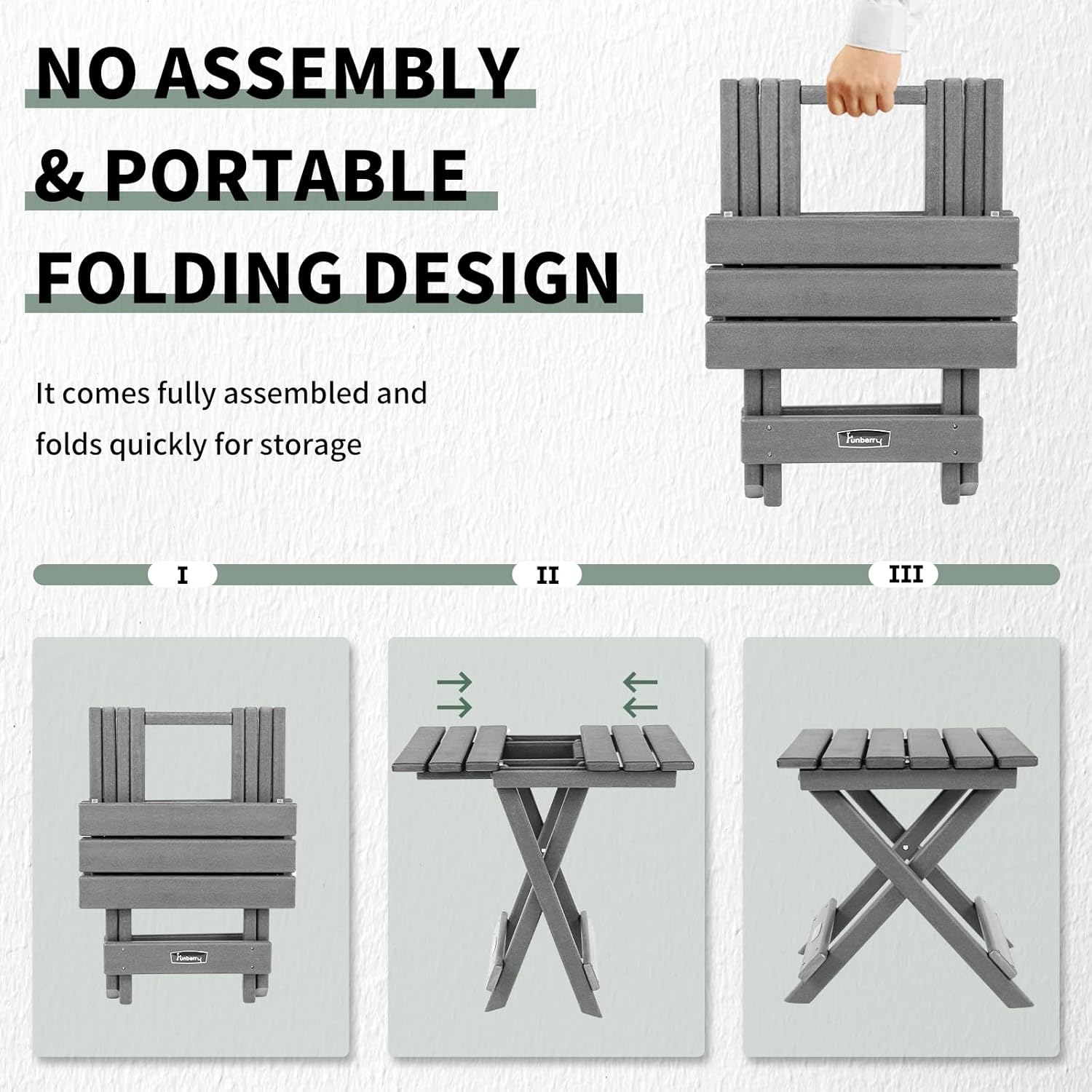 FUNBERRY Outdoor Folding Adirondack Side Table, Portable No Assembly Patio End Table HDPE All Weather