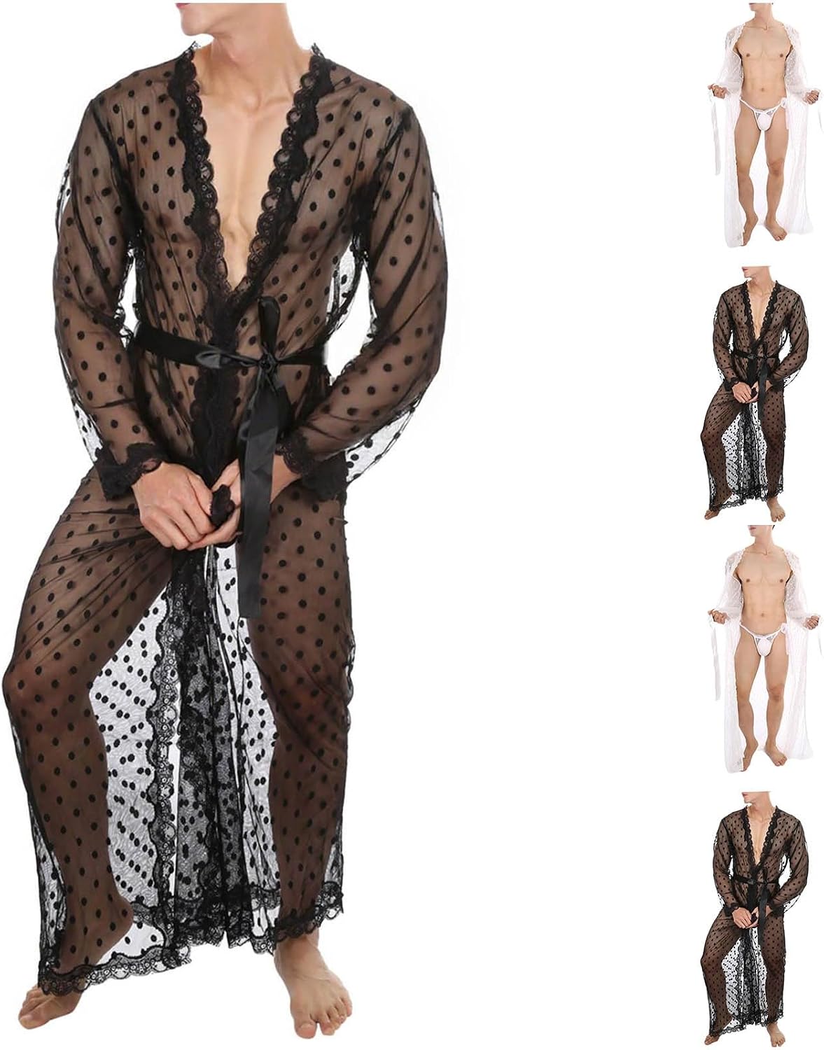 Men Sexy Lace Bathrobe Lightweight Mesh Lingerie Transparent Sleepwear Belted Thin Pajamas Suit Nightgown Robe For Men
