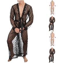 Men Sexy Lace Bathrobe Lightweight Mesh Lingerie Transparent Sleepwear Belted Thin Pajamas Suit Nightgown Robe For Men