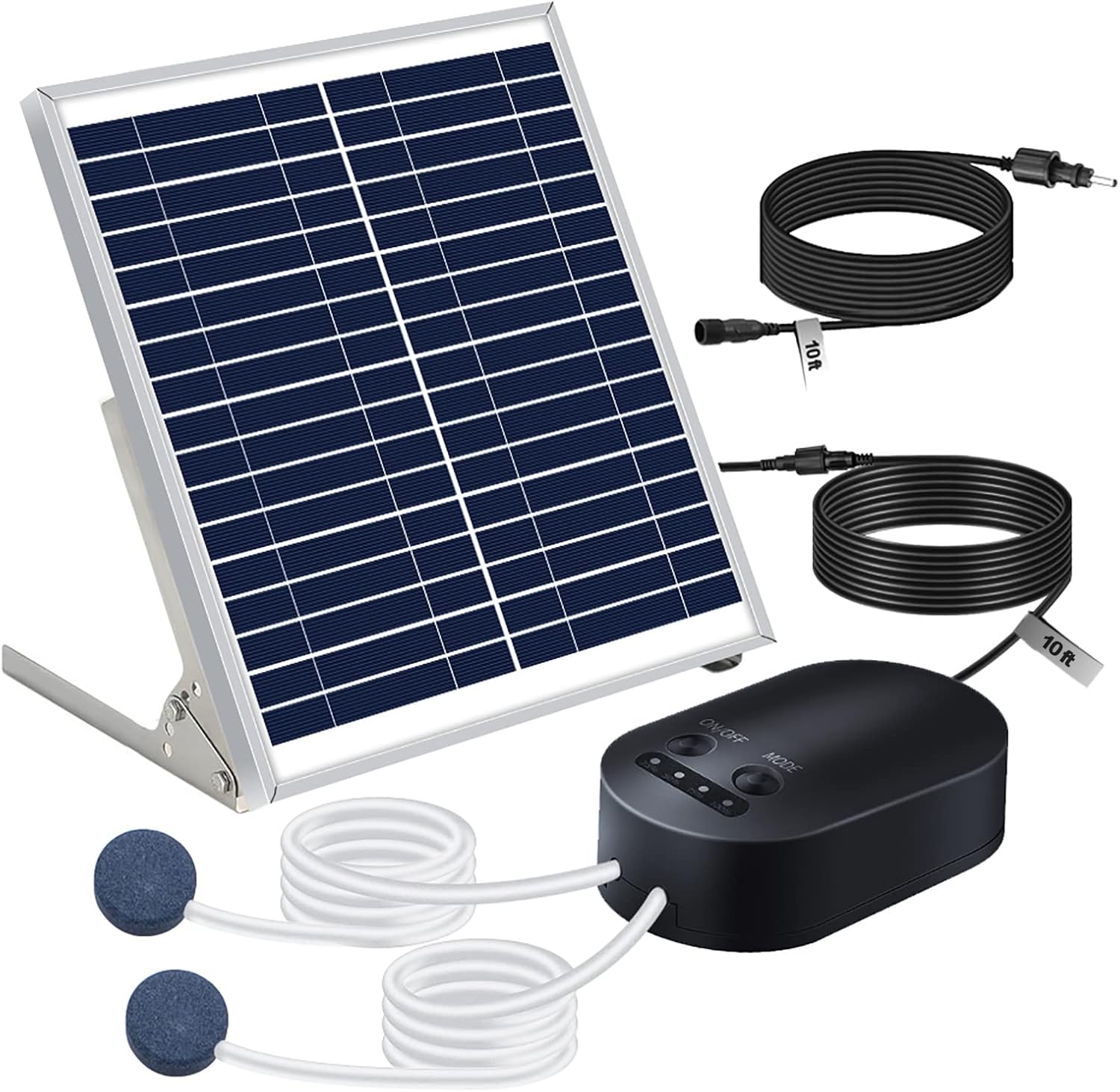 10W Solar Air Pump Bubbler for Fish Pond, 22H4.6 Days Air Output, 10 + 10 foot Cable, 3 Modes