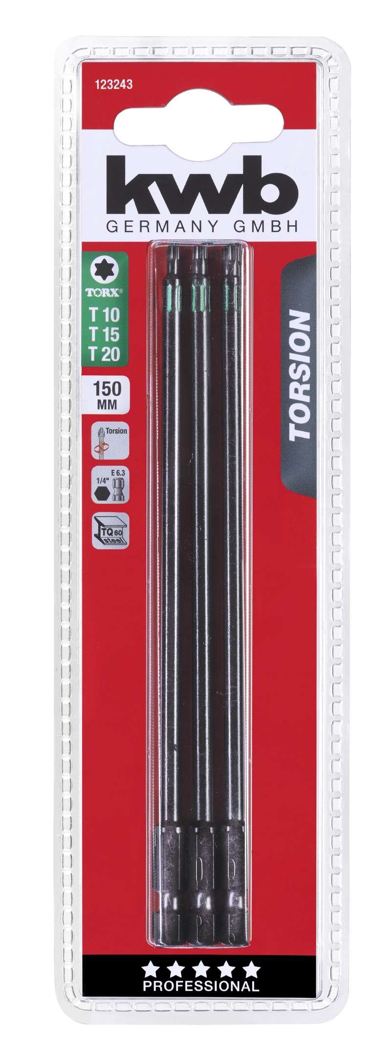 kwb 3 punte 150 mm Torx T10, T15, T20 Set Torsion 123243 (acciaio TQ 60, zona di torsione, ISO 1173 drive C6.3), L