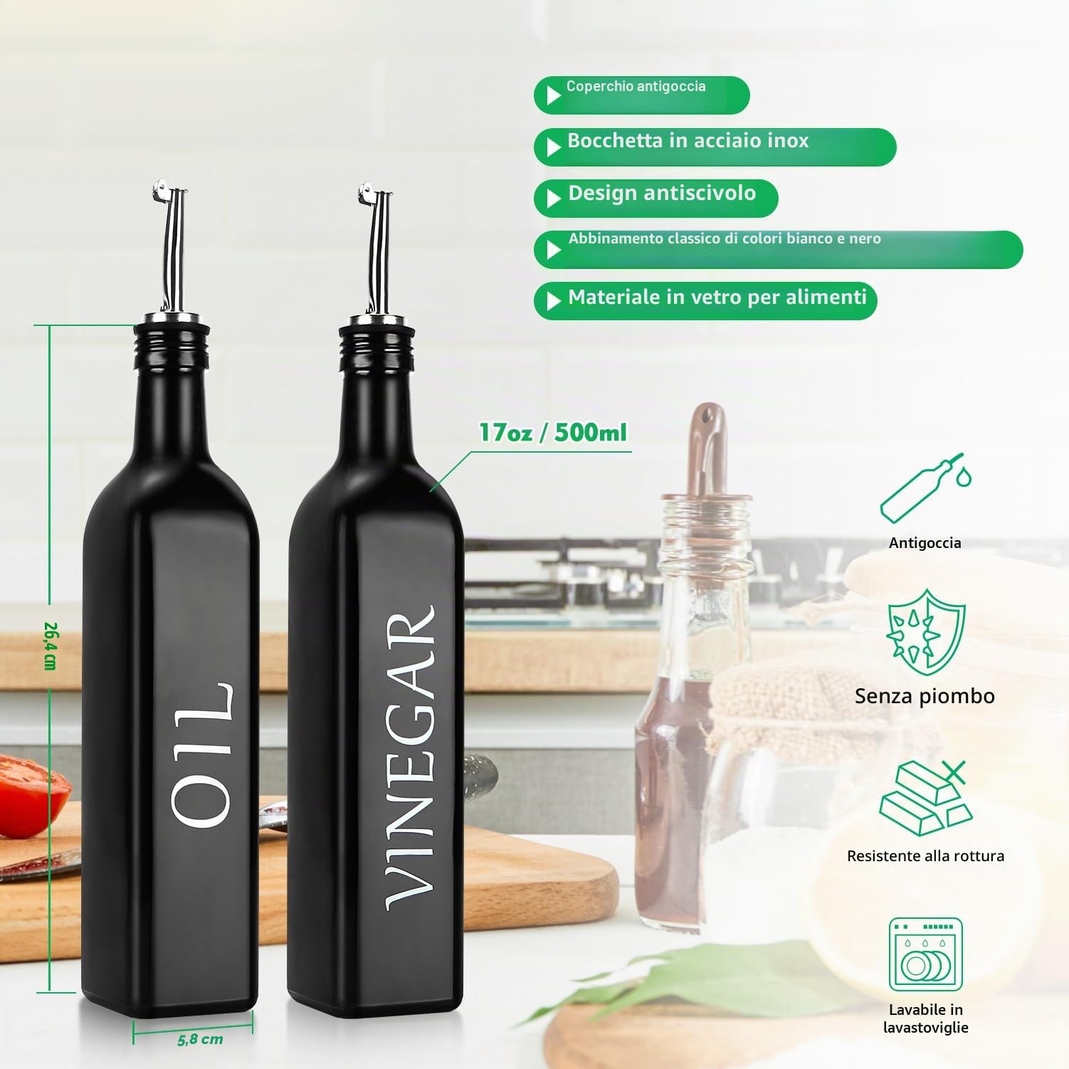 DaiRen Kitchen 500ML Set di Bottiglie per Olio e Aceto in Vetro, Dispenser per Olio d'Oliva con Supporto Caddy e Beccuccio in Acciaio Inox, Nero, Set di 2 Pezzi