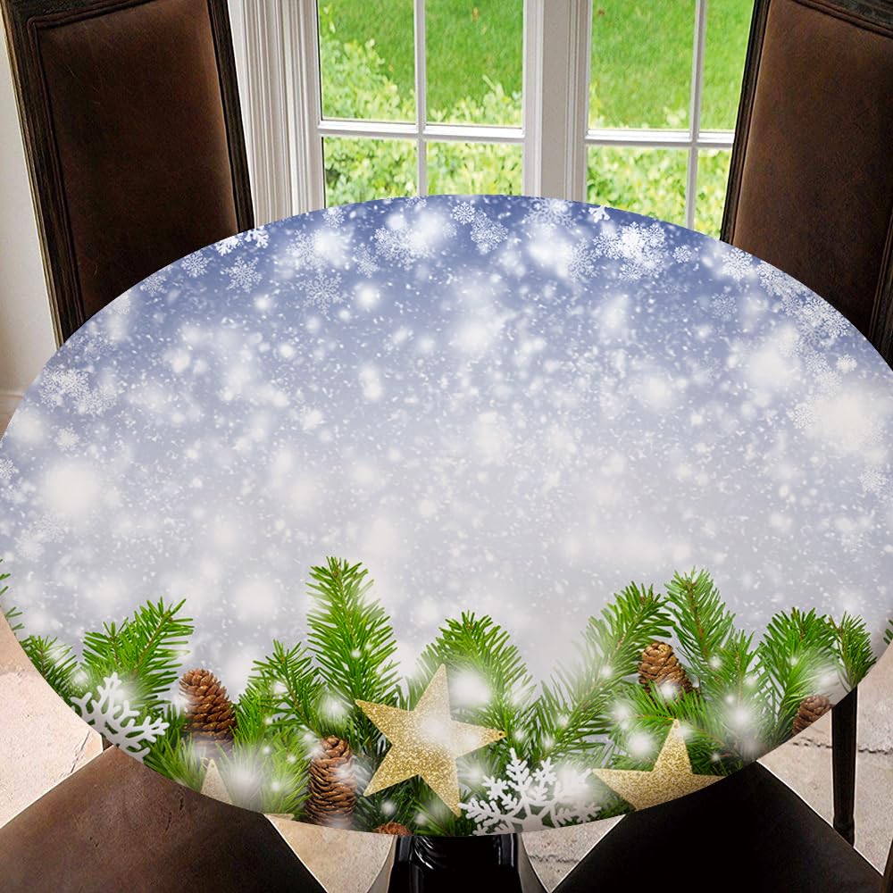 JRMRNEI Round Tablecloth, Christmas Fitted Table Cover Elastic Edge, Waterproof Wipeable Patio Table Cloths for Round Table, Christmas Type11, Tablecloth Size 48