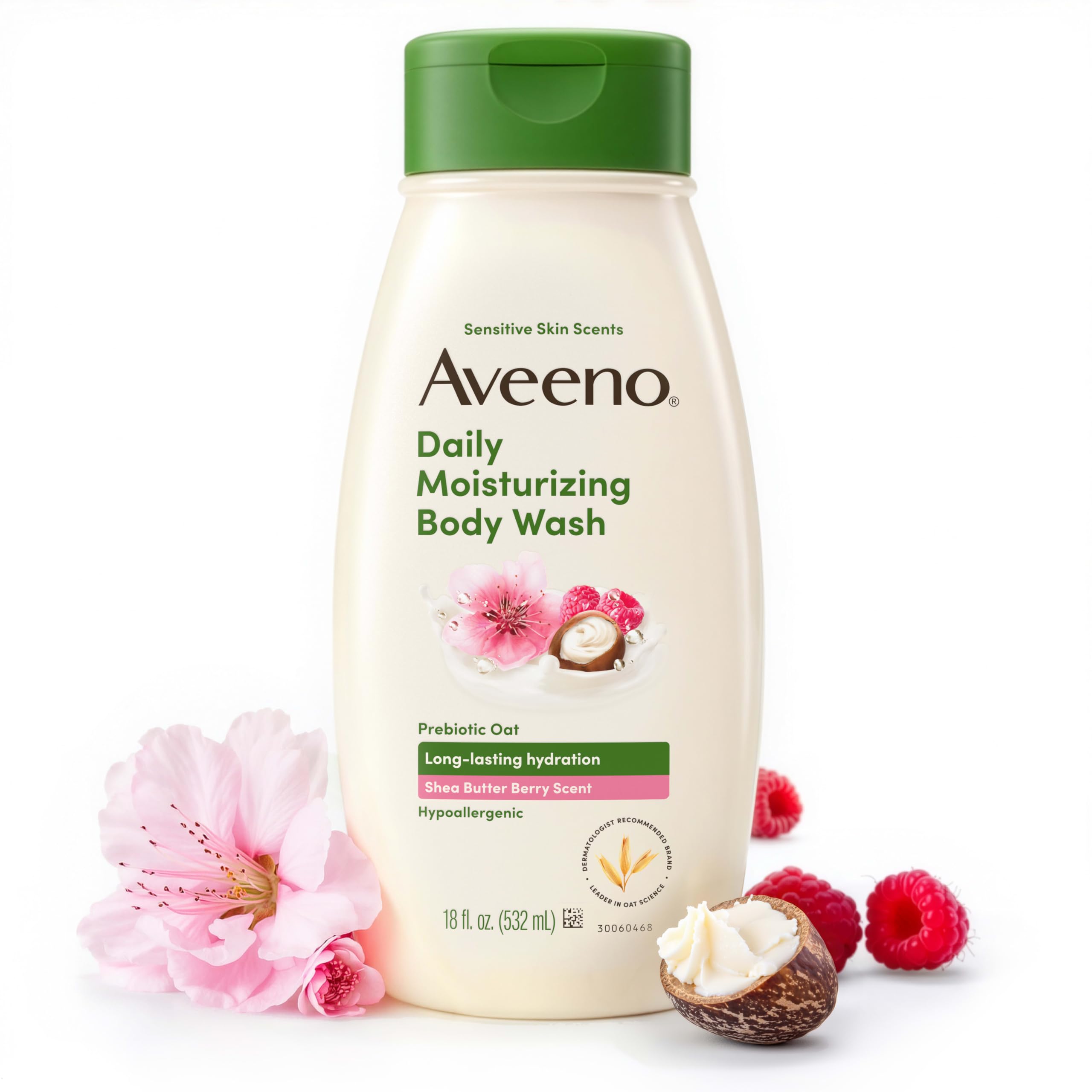 Aveeno Daily Moisturizing Body Wash, Shea Butter Berry, 18 fl. oz | Shea Butter Berry Scent, Soothing Prebiotic Oat, Long-Lasting Hydration for Sensitive Skin, Hypoallergenic, Paraben-Free