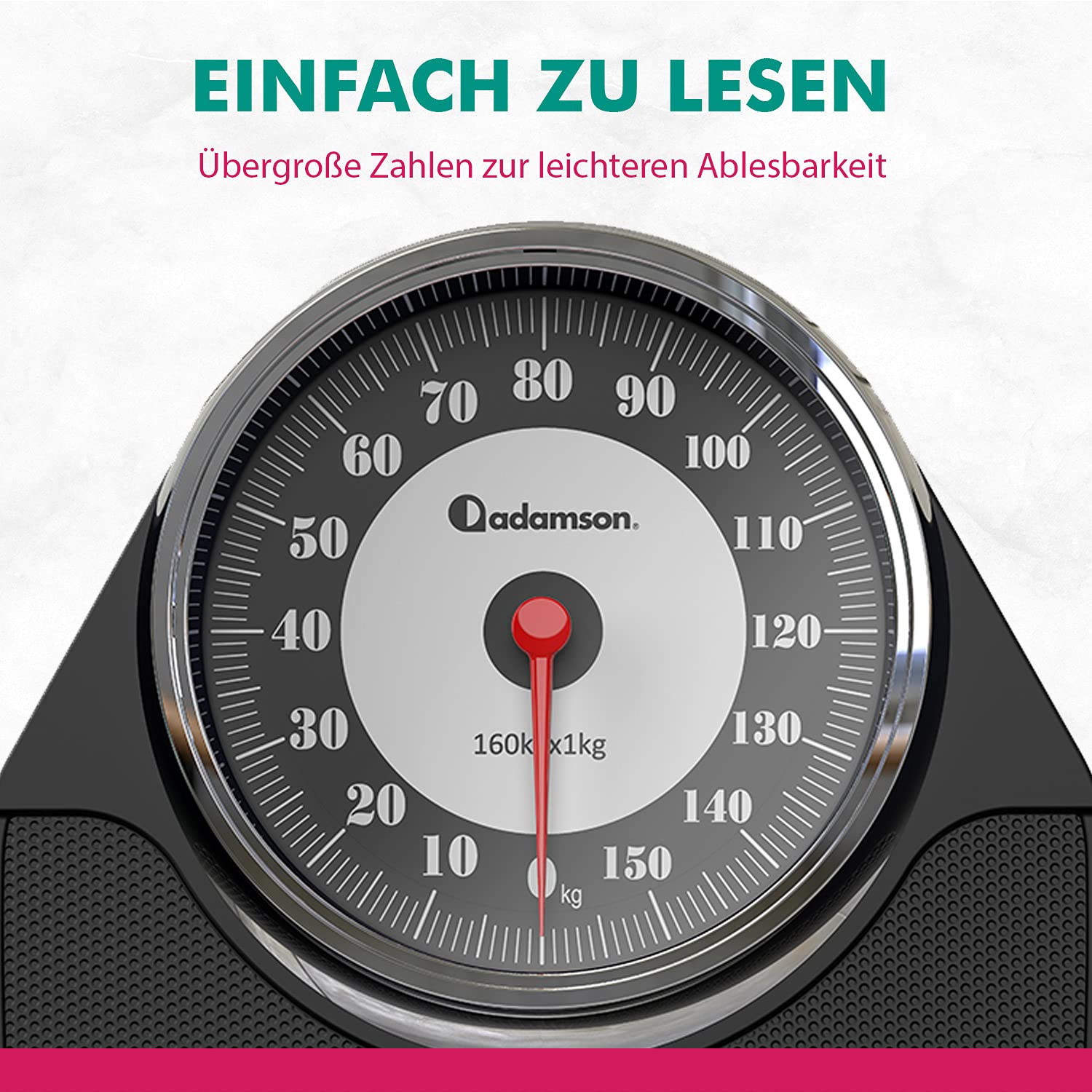 Adamson A24 Analogwaage - NEU - bis 160kg, rutschfeste Gummioberfläche, extra große Ziffern, hochpräzise Personenwaage Analog, langlebig, 20-Jahre Support für Haushalt, Schlafzimmer, Bad