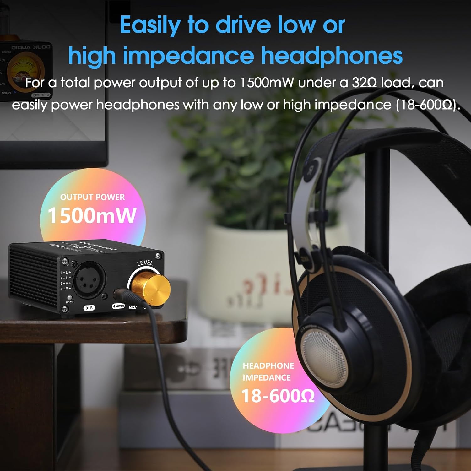 Douk Audio U5 PRO showing 1500mW output power and 18-600 Ohm headphone compatibility