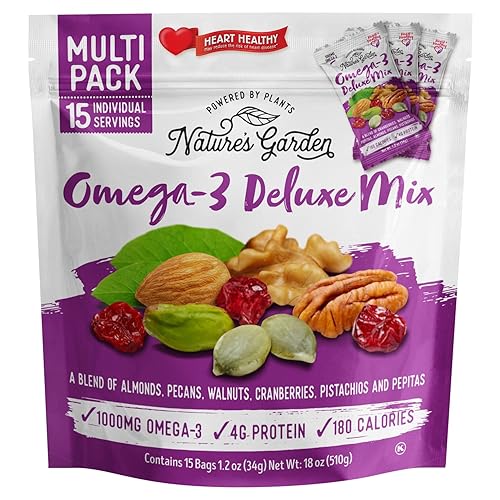 Nature's Garden Mezcla de lujo Omega 3, Mezcla de frutos secos, Mezcla de nueces de lujo, saludable para el corazón, sin gluten, sin colesterol, sin