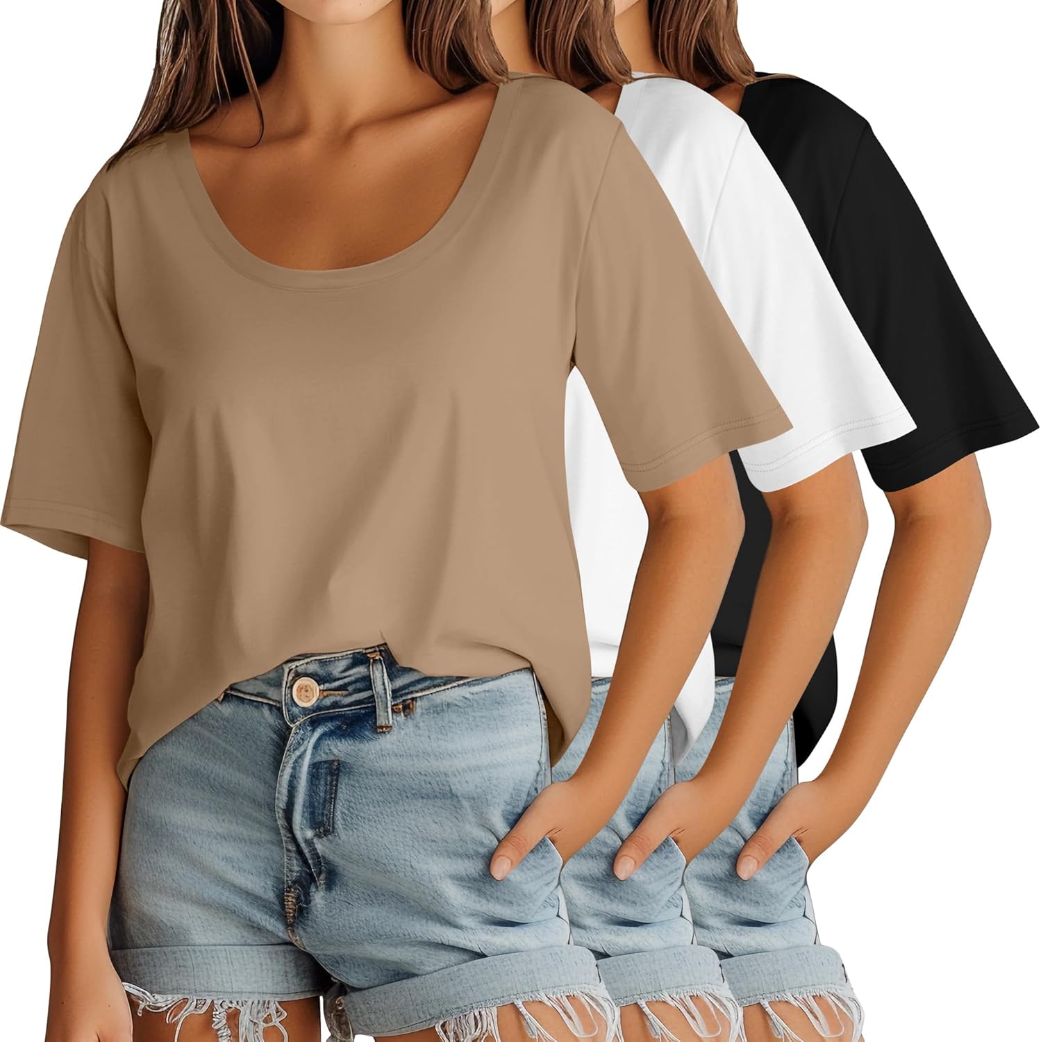Ficerd 3 Pack Women’s Cotton Half Sleeve Tops, Scoop Neck Elbow Length T-Shirt Casual 1/2 Sleeve Summer Loose Fit Basic Tee
