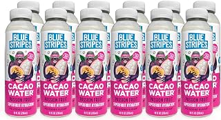 Blue Stripes Cacao Water - Cold Pressed Superfruit Hydration with Electrolytes & Antioxidants, No Sugar Added, All Natural, Great for Protein Shakes & Smoothies - Passion Fruit, 12 Pack
