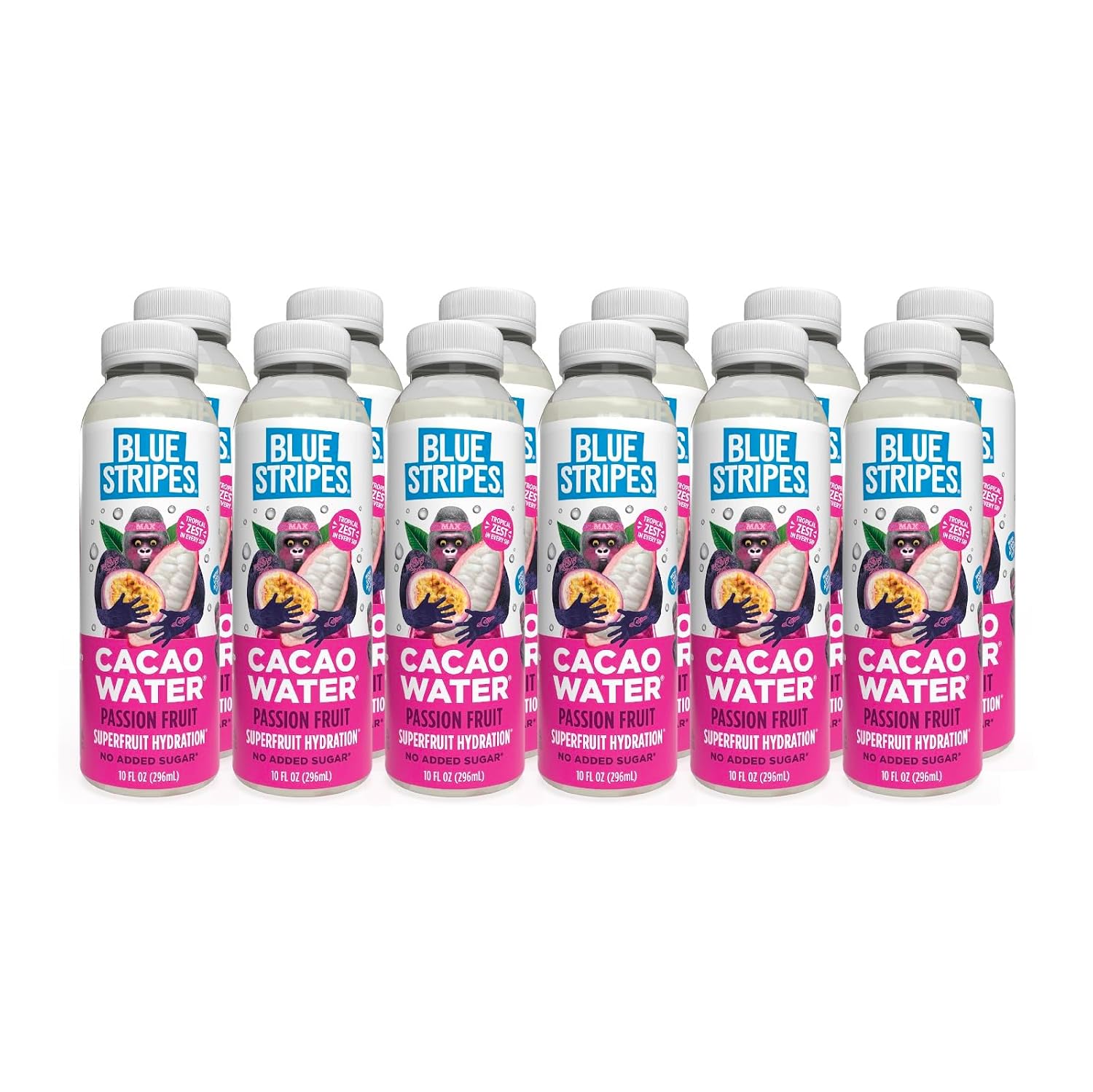 Blue Stripes Cacao Water - Cold Pressed Superfruit Hydration with Electrolytes & Antioxidants, No Sugar Added, All Natural, Great for Protein Shakes & Smoothies - Passion Fruit, 12 Pack