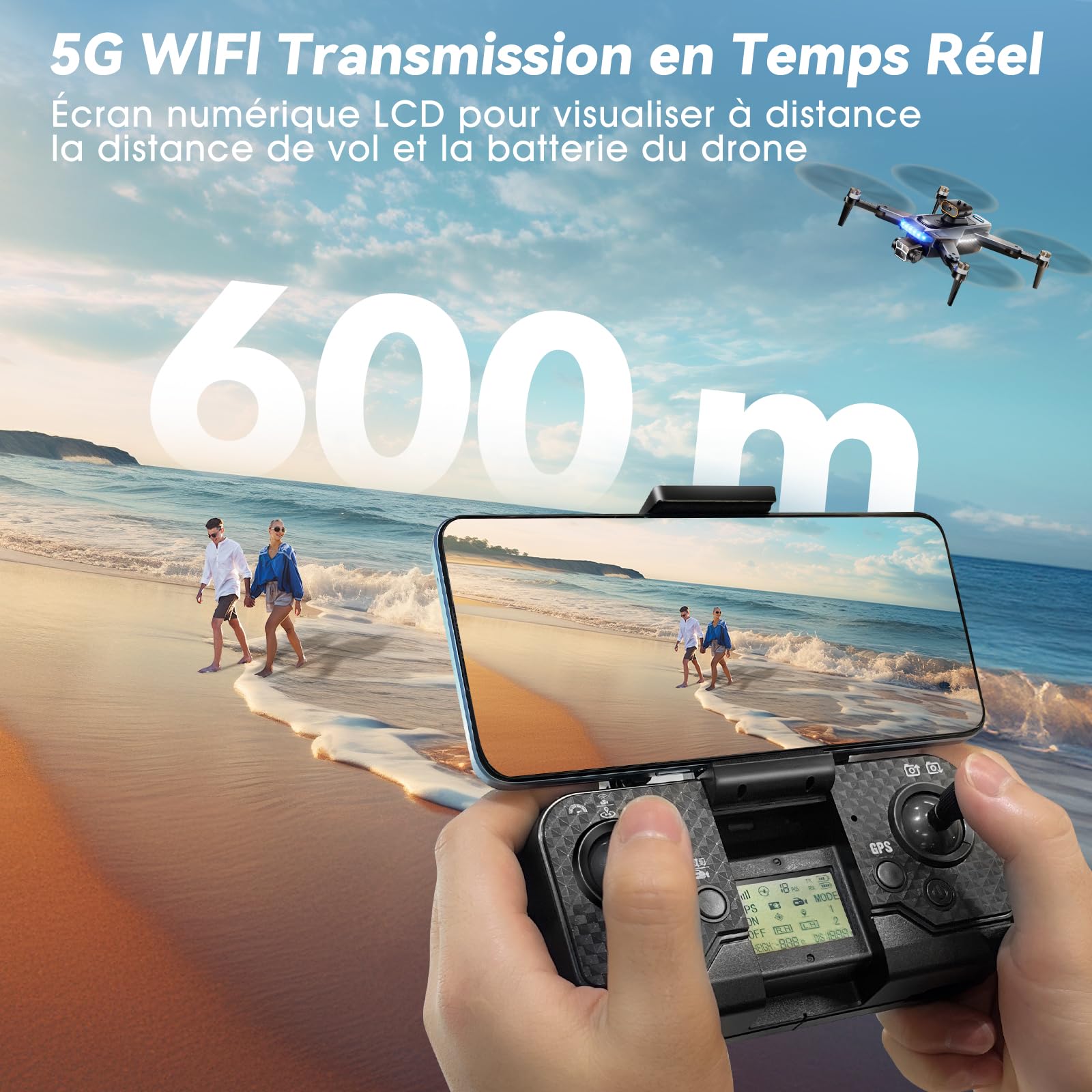 Drone avec Camera 4K Professionnel pour Adultes, GPS Drone pour Adultes, 54 Min de Vol, Résistant au Vent, Moteur Brushless, Suivi Auto, Retour Auto, Wi-Fi 5G, Léger<249g avec 3 Batteries(Noir)（Moyen）