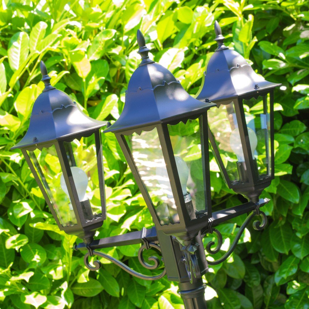 Lampada da esterno/da giardino Hongkong, candelabro in stile antico, fusione di alluminio in nero opaco, vetro, luce di percorso a 3 bracci, regolabile in altezza, retrò, E27, IP44, senza lampadina