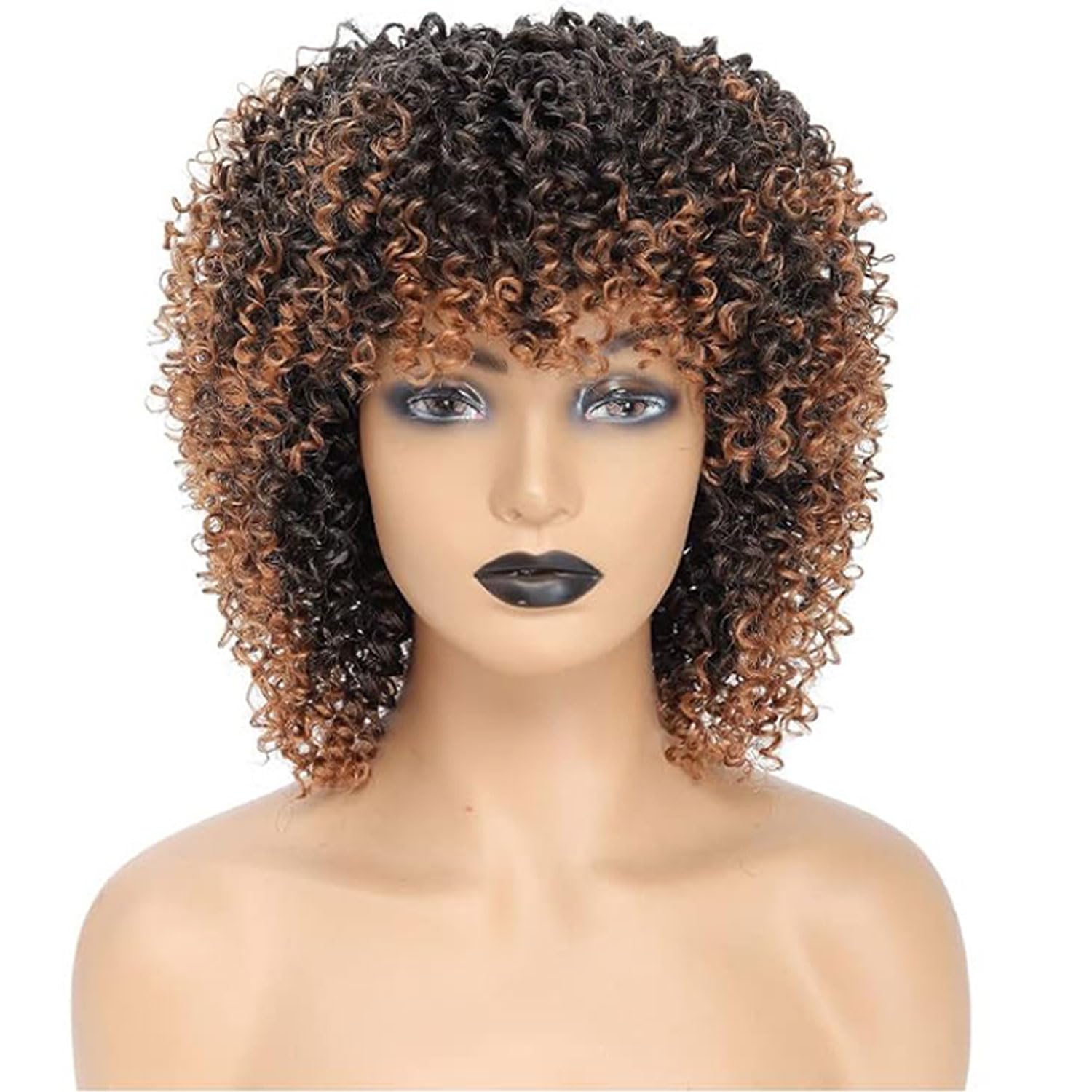 Fulang Hair Short Curly Brown Wigs for Black Women Afro Curly Wigs for Black Women Synthetic Wigs with Bangs Kinky Curly Wigs