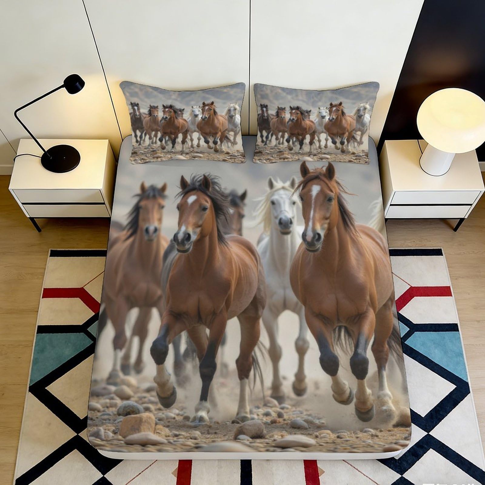 3D Printed Running Horses Fitted Sheet Microfiber Anti-Slip Bed Cover for Bedroom Guest Room Dustproof Easy Care Decor 90x200x25cm