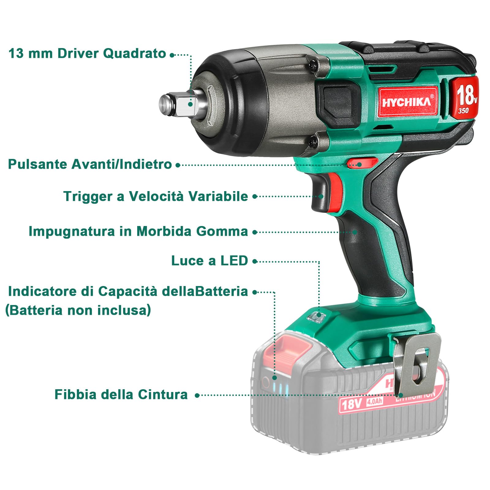 HYCHIKA Avvitatore a Massa Battente 18V, Professional Avvitatore a Impulsi, Avvitatori a Massa Battente 3000 IPM Mandrino 13mm (1/2"), senza Batterie e Caricabatteria
